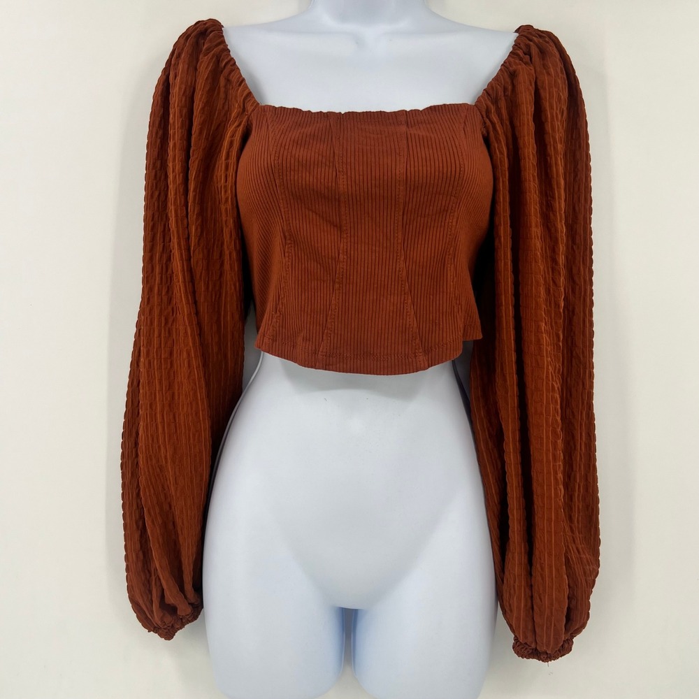 Urban Outfitters Rust Orange Ribbed Corset Top Balloon Sleeve
